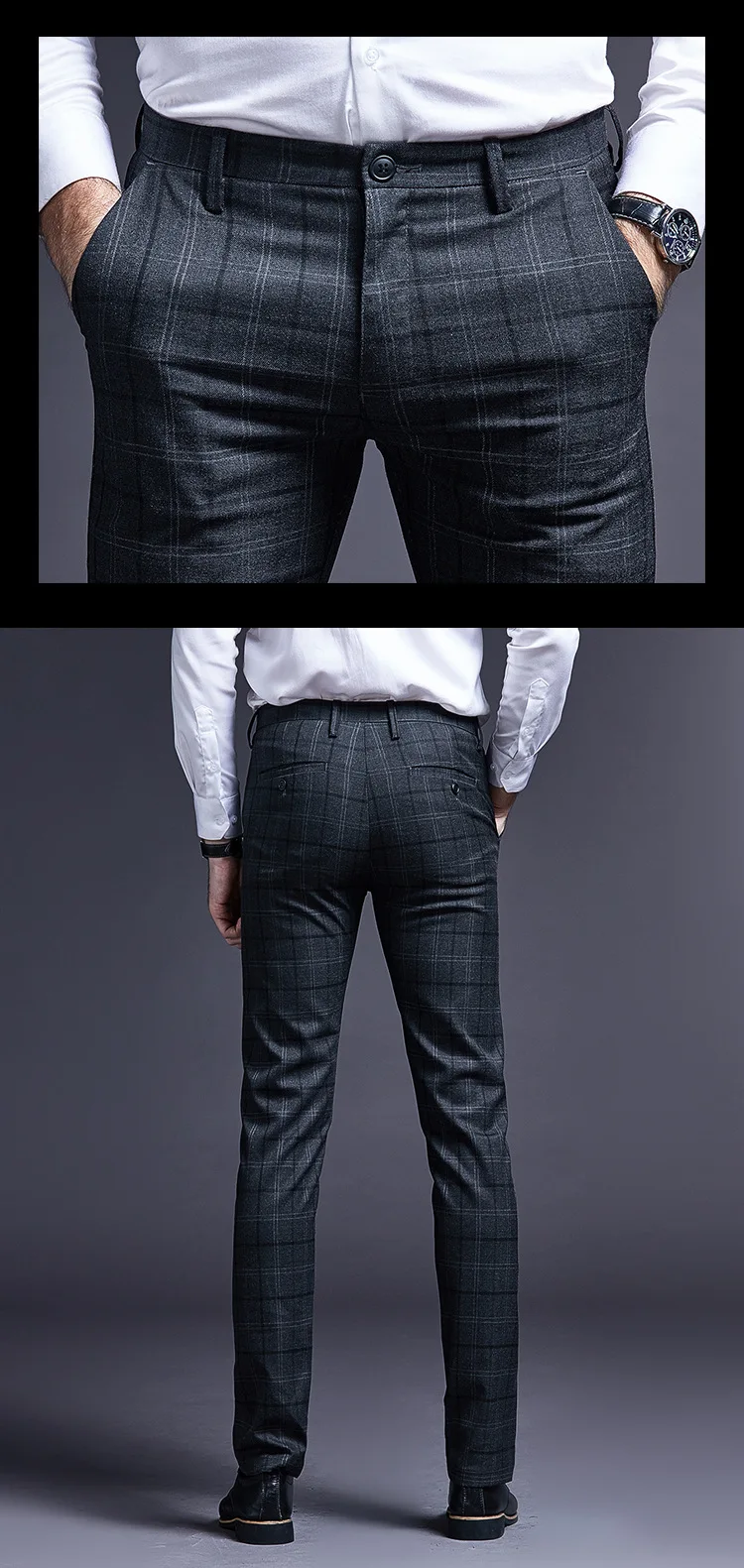 High waist Mens Plus size Pencil pants trousers Autumn cotton blend plaid Splicing suit pants men Skinny business trousers