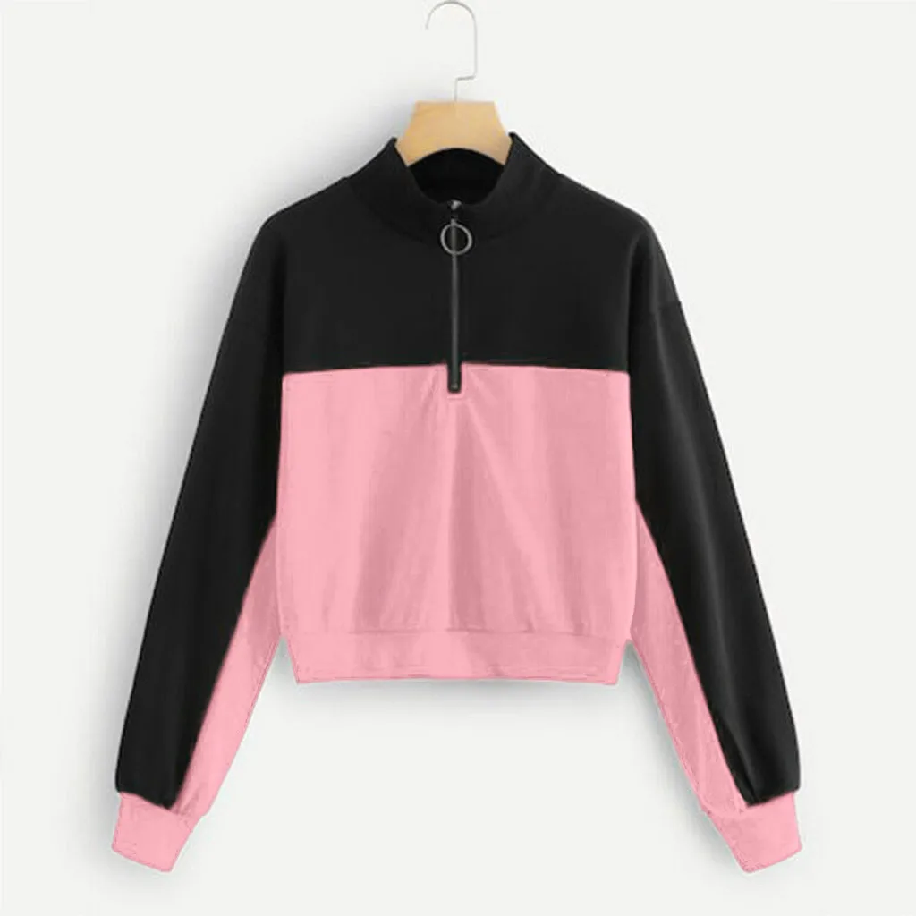 Jaycosin 2019 Fashion Autumn Women Simple Loose Colorblock Zipper Sweatshirt Stylish Long Sleeve Comfortable Casual Blouse 108#4