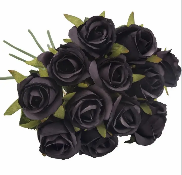 12 головок свадебный букет белый зеленый роза искусственный свадебный букет синий Свадебные аксессуары подружек невесты цветок Mariage поставки - Цвет: black