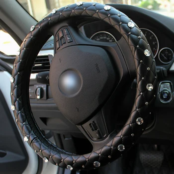 

Luxury Full Diamod Rhinestone Leather Auto Steering Wheel Cover Anti-slip D shape Crystal Car Steering Cover for Girls Women