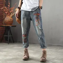 Осенние женские рваные ретро джинсы с вышивкой, женские рваные джинсы с эластичной резинкой на талии, винтажные джинсовые штаны