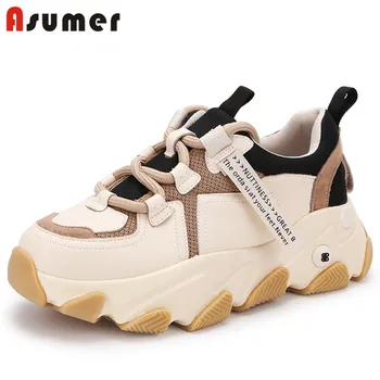 

Asumer 2020 hot sale flat platform sneaker women genuine leather +mesh casual shoes comfortable Breathable single shoes woman