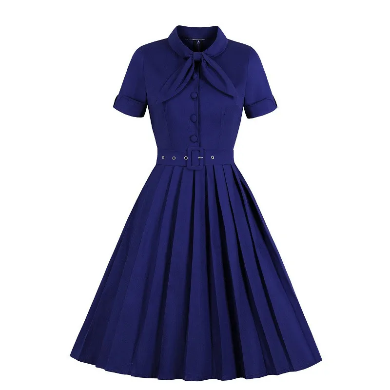 Vintage Style Bow Tie Neck Button Up Elegant Midi Pleated Dress 2020 Women Summer Belted Pinup 50S Solid Dresses | Женская одежда