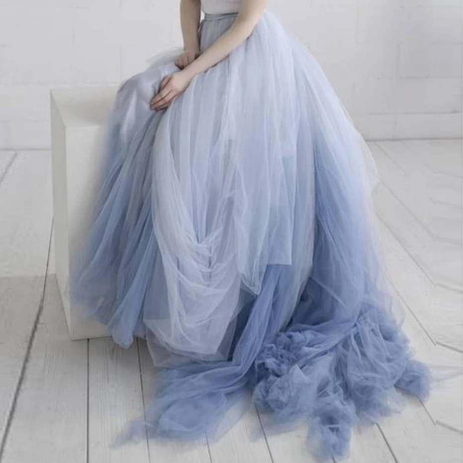 

Fashion Mixed Color Tulle Tutu Long Prom Skirt Ball Gown Sweep Train Chic Ombre Maxi Party Skirts for Wedding Plus Size
