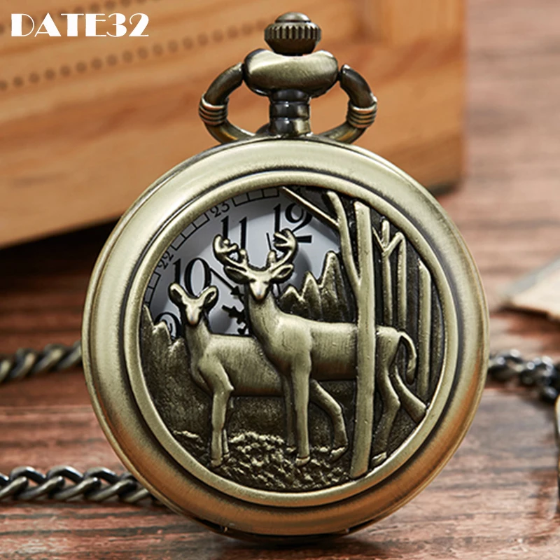 

3D Animal Deer Pocket Watch Bronze Case Men Pendant Necklace Fob Chain Clock for Male Kids Collection Antique Reloj Wholesale