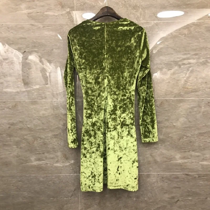 100%Velvet Dress Autumn Winter Sexy Party Green Black Golden Dress Women Deep V-Neck Ruffle Sexy Casual Club Dress Ladies