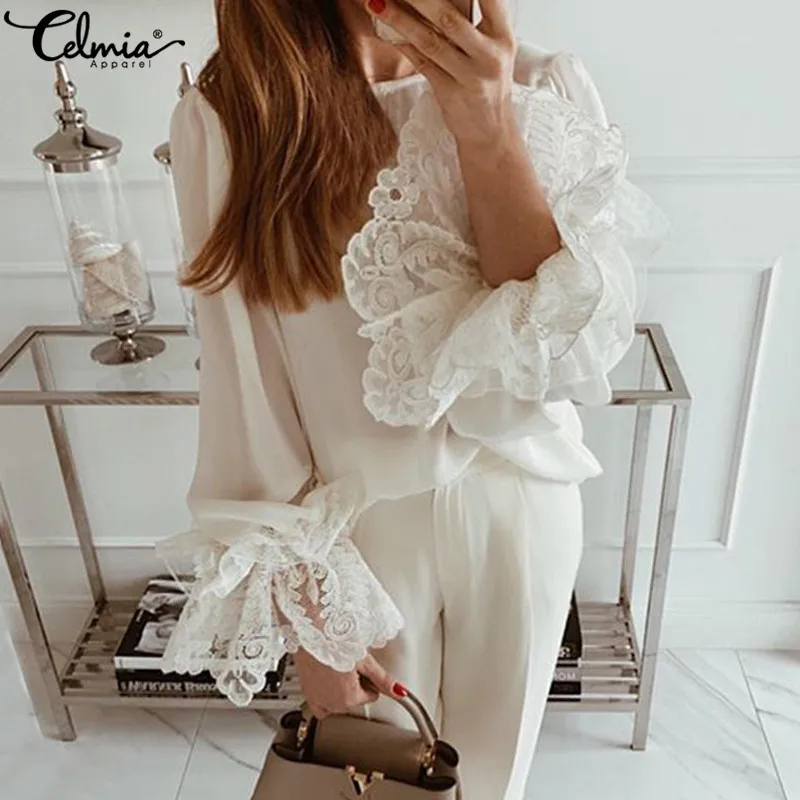  Top Fashion Celmia Women's Blouses Autumn Long Sleeve Ruffles White Lace Shirts Casual Loose Elegan