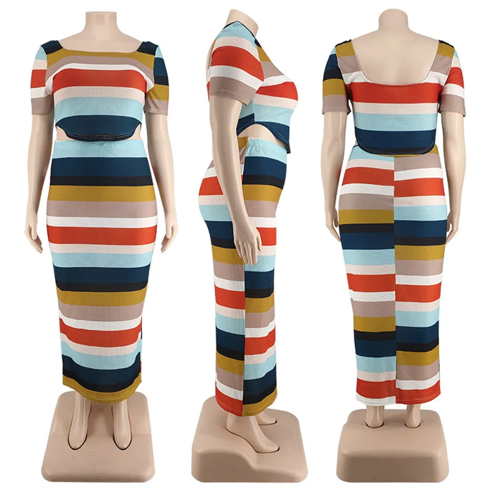 New Plus Size Ribbing Two Piece Set Women Fall Clothes Striped Short Sleeve Crop Top Skirts Sets Stretch Wholesale Dropshipping