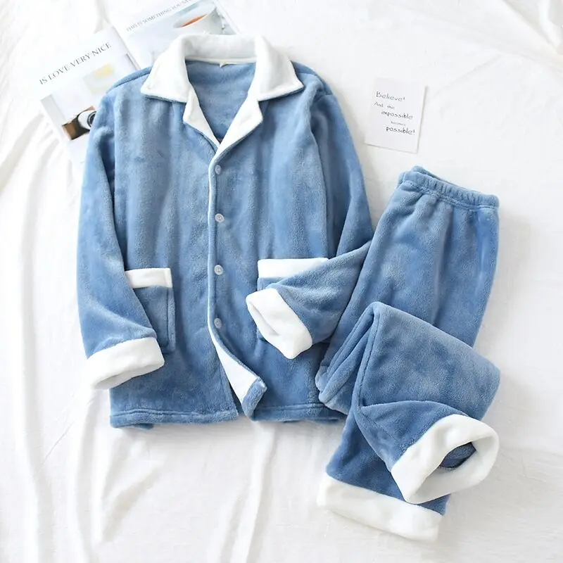 Men-Blue Осенне-зимние женские пижамные комплекты теплые фланелевые пижамы с длинными рукавами мужской и женский толстый домашний костюм пижама для влюбленных - Цвет: Men-Blue