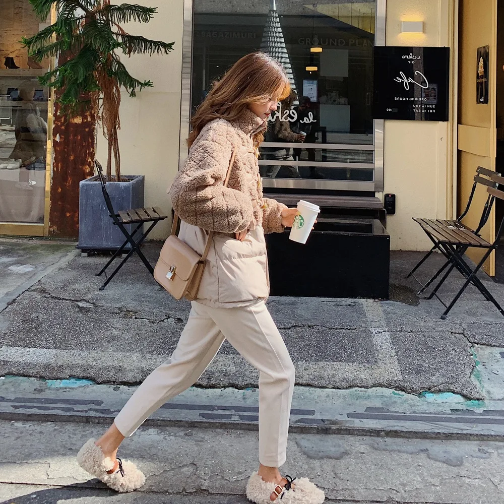 

Photo Shoot Lambs Wool Joint Cotton Overcoat 2019 Winter New Style Retro Laziness-Style Toggle Short Cotton Coat Women's