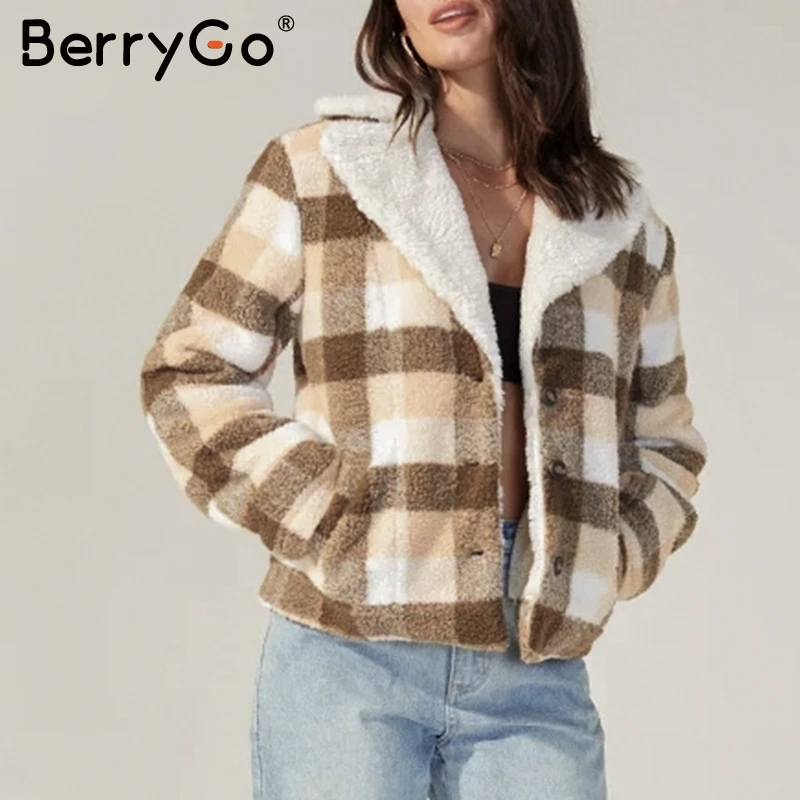 BerryGo, модное клетчатое Женское пальто из искусственного меха, пуговицы, карманы, мягкие офисные женские пальто, Осень-зима, женские теплые короткие куртки