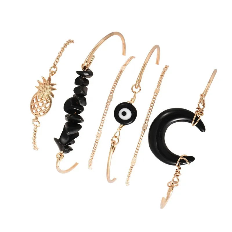 

6 Pcs/Set Women Personality Gold Pineapple Moon Stone Chain Multilayer Bracelet Set Creative Party Bracelet Jewelry Accessories