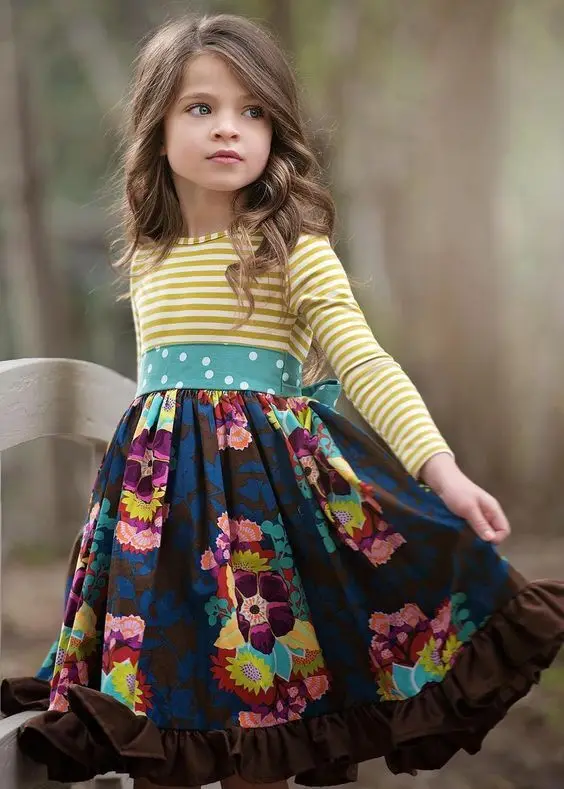 

2020 Spring Autum INS Girls Dress Children England Flower Pastoral Style Striped Long-sleeved Princess Dresses for 3-12Yrs Kids