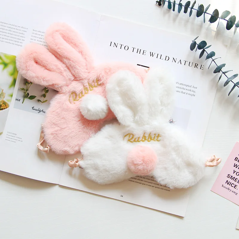 

Cute Adorable Powder Contrast Color Embroidered Letters Long Ear Stereo Ball Small Tail Rabbit Cartoon Shading Sleep Eye Patch