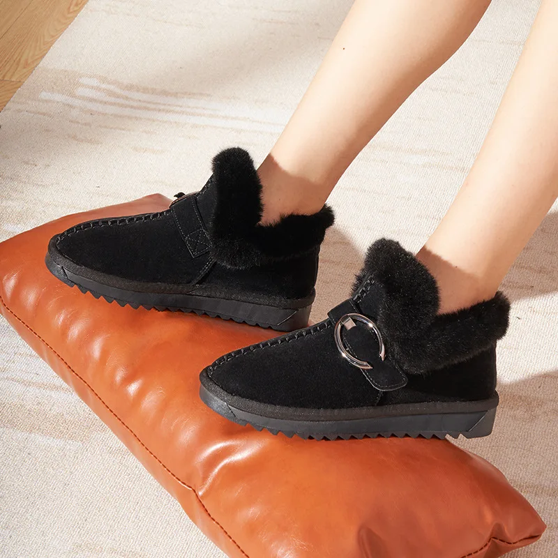 Women Flats Shoes Fur Loafers Women Winter Cotton Shoes Non-slip Warm Snow Boots Slip-on Plush Slippers Moccasins Ladies