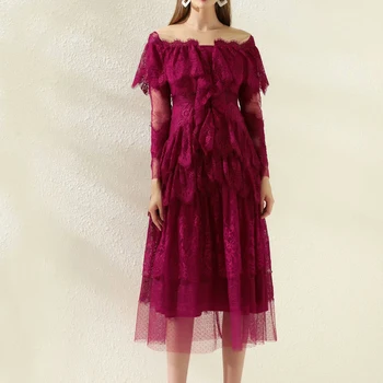 

HIGH QUALITY New 2020 Fashion Designer Mesh Dress Women's O-Neck Long Sleeve Ruffles Lace Gauze Dress