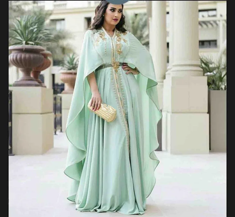 Мятно зеленый кафтан Caftan вечерние платья с длинным рукавом 2020 роскошное Золотое