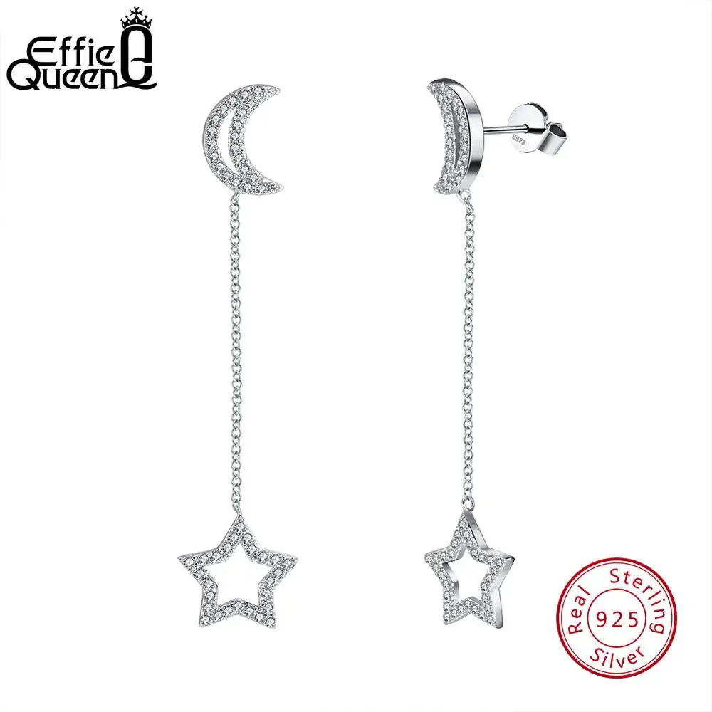 

Effie Queen Genuine Sterling Silver Earrings for Women AAA Cubic Zircon Crescent S925 Silver Moon Star Drop Earrings TSE62