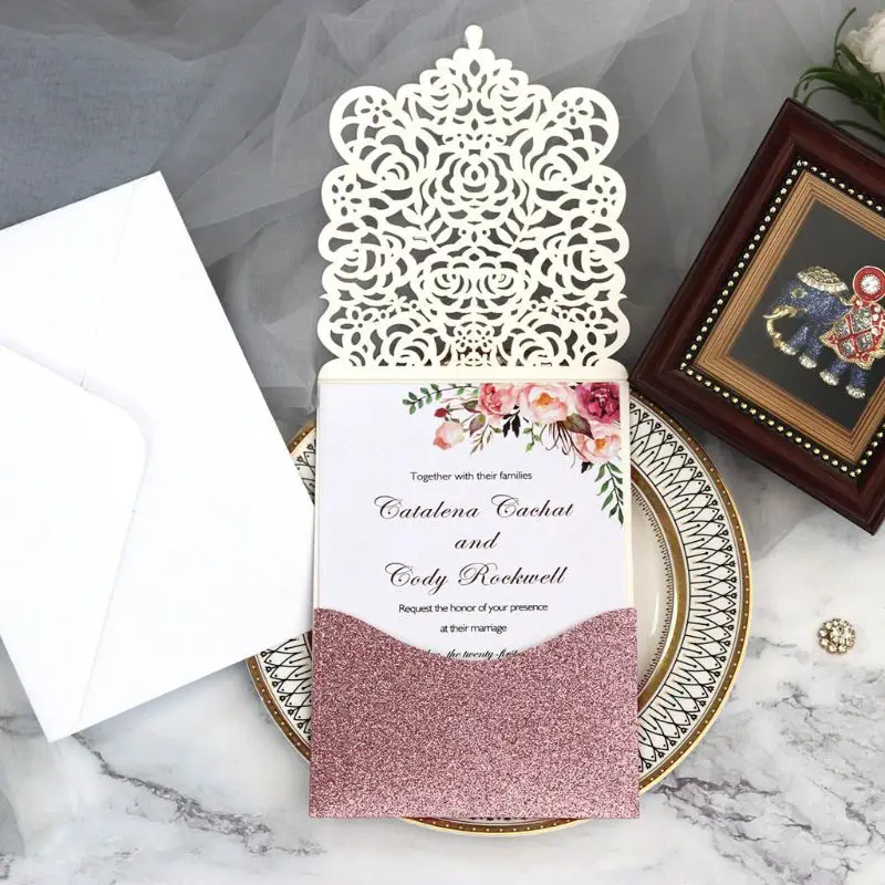  10pcs Laser Cut Glitte Rose Invitations Card with Rhinestone Kits Wedding Party - 4000313733838