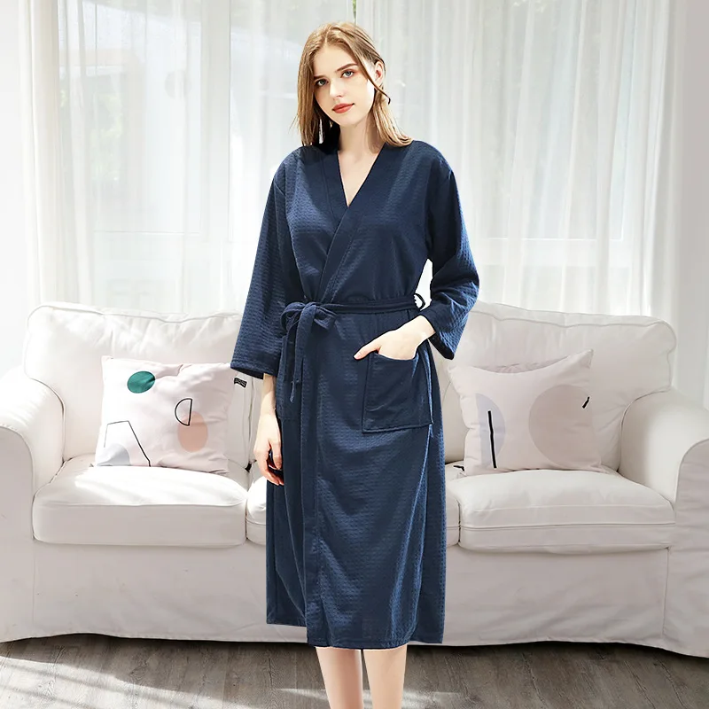 navy blue woman Абсорбент Быстросохнущие мужские пижамы весна/лето осень Вафельный Халат женский тонкий юката Мужская и женская домашняя одежда для влюбленных - Цвет: navy blue woman