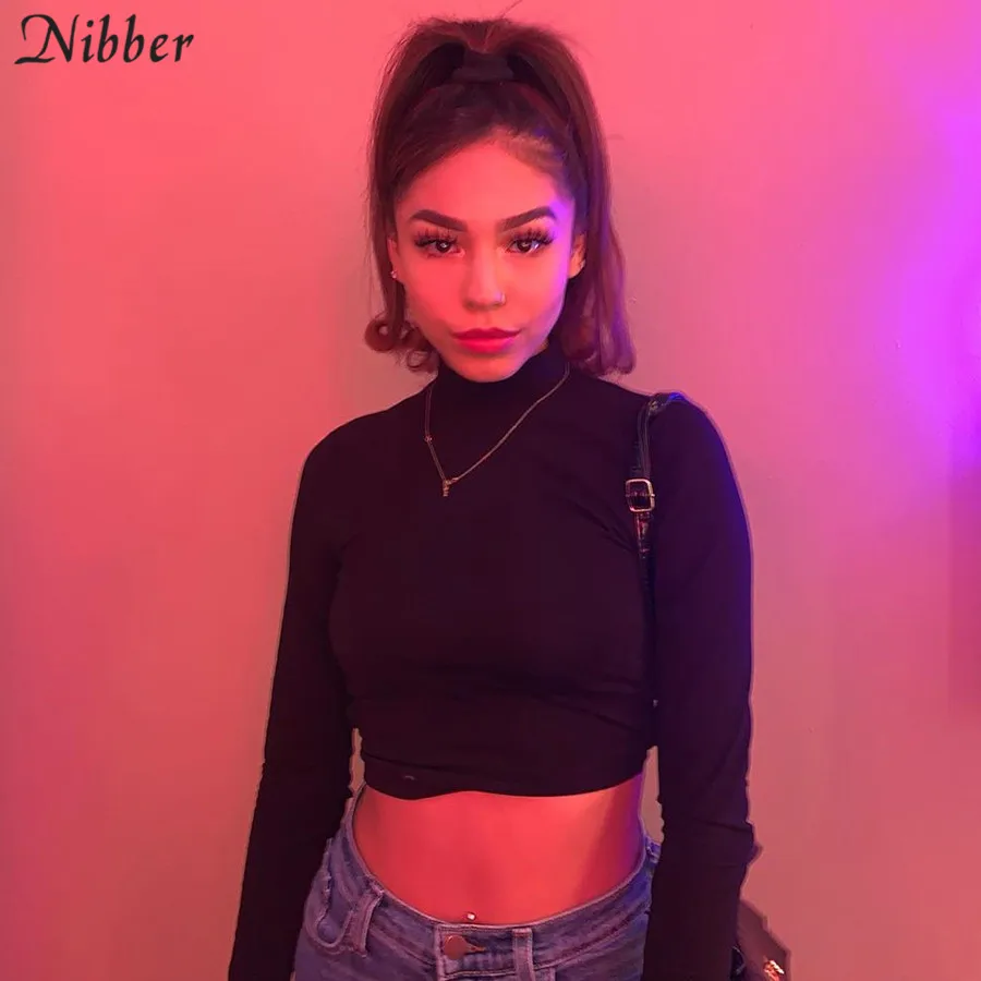 NIBBER street style sexy backless hollow out Bandage top slim turtleneck t-shirt crop top2019autumn  trend full sleeve tee femme