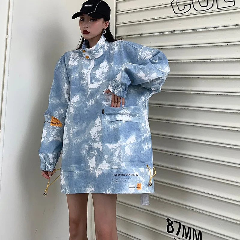 Осенняя Harajuku Куртка "бойфренда" Женский в уличном стиле, красивый комплект маскировочной пальто свободного кроя Для женщин с длинным рукавом и Однобортный джинсовая куртка