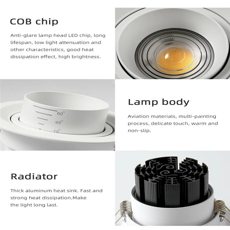 줌 빔 각도 조절 가능 15/45/60도 LED COB 매입형 통 12W 18W 20W LED 천장 스포트 라이트 그림 배경