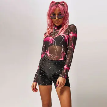 

Women Sexy Long Sleeve Bodycon Lightning Printed Transparent Bodysuit High collar Bodysuits Short Romper Lady Blouse