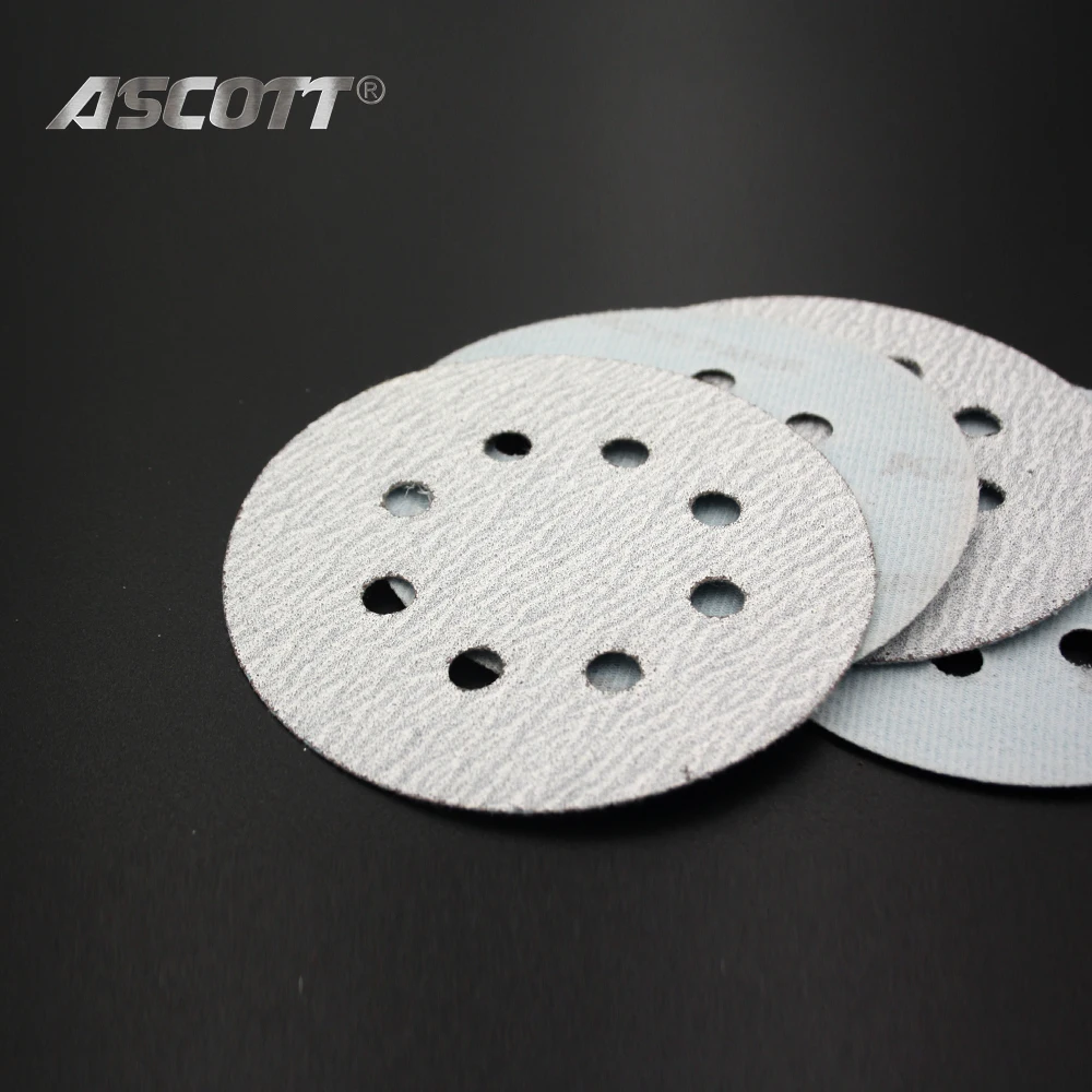 100pcs 5Inch 8Hole White Alumina Sandpaper Polishing Self-adhesive Loop Polishing Disc for Angle Grinder Metal Wood Polishing