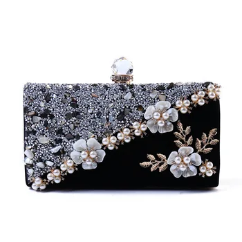 

Luxury Designer Pearl Flower Evening Bag Handmade Crystal Beaded Shell Wedding Banquet Party Clutches Ladies Chain Shoulder Bag