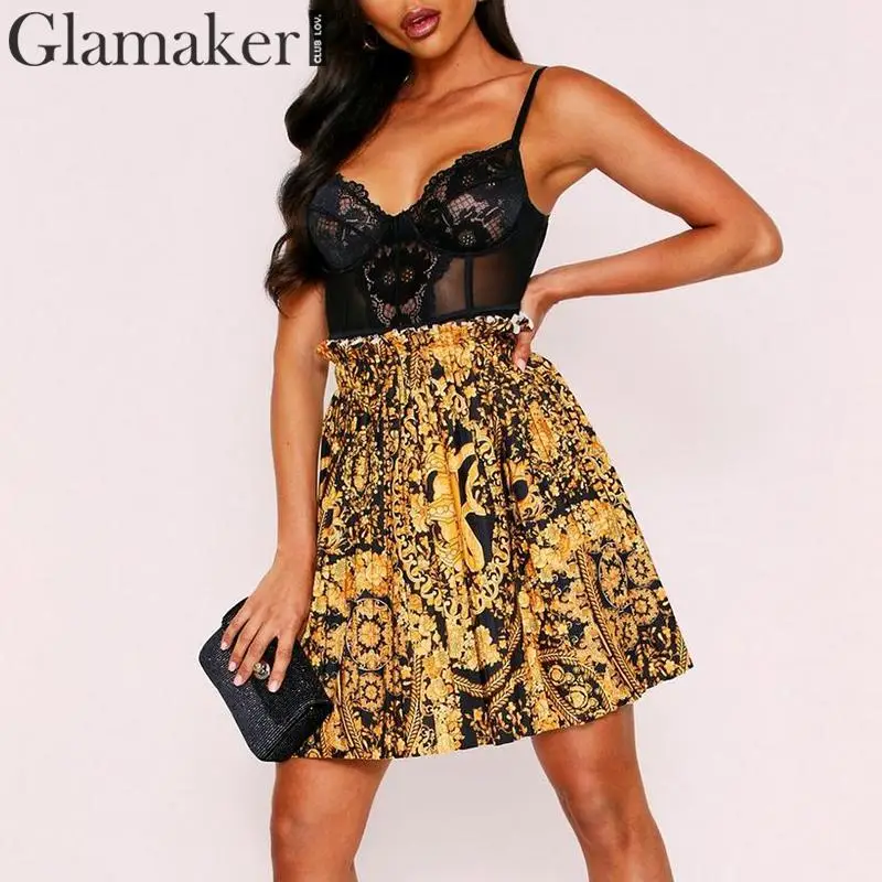 Glamaker, золотая, этнический стиль, винтажная, высокая талия, юбка для женщин, с принтом пейсли, с рюшами, офисная юбка, осенняя, сексуальная, Клубная, короткая юбка, низ
