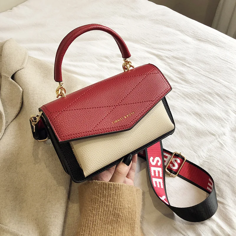 

Contrast Color Bag Women's 2020 New Style Fashion Korean-style Versatile Textured Shoulder Bag Wide-Strap Fashion Hand Square Sl