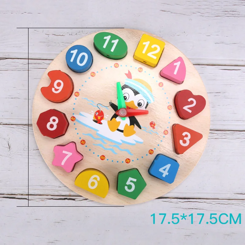  Digital Clock Geometry Blocks Wooden Cartoon Penguin Teaching Time Number Toy for Kids M09 - 4000461039218