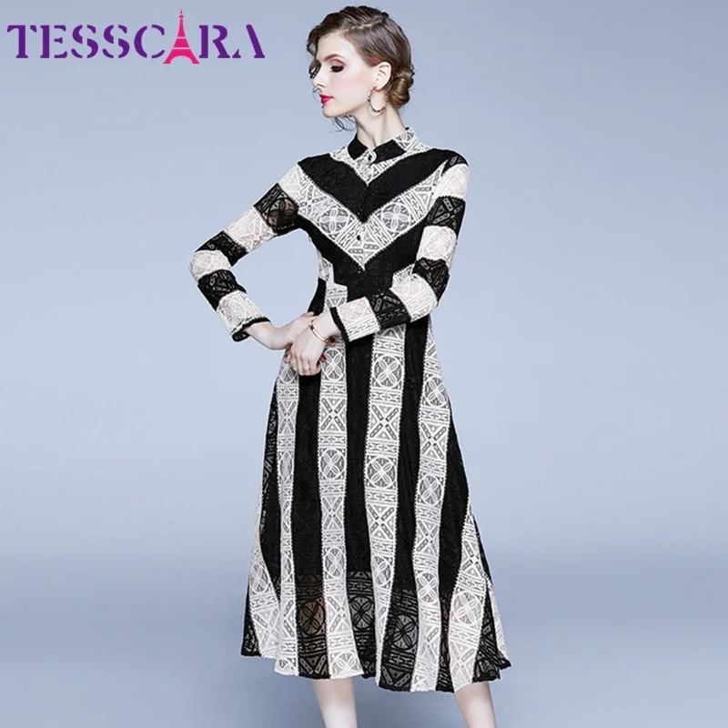 White TESSCARA, женское осеннее элегантное кружевное платье в полоску, рубашка, женские офисные вечерние платья, высокое качество, дизайнерские винтажные коктейльные платья - Цвет: White