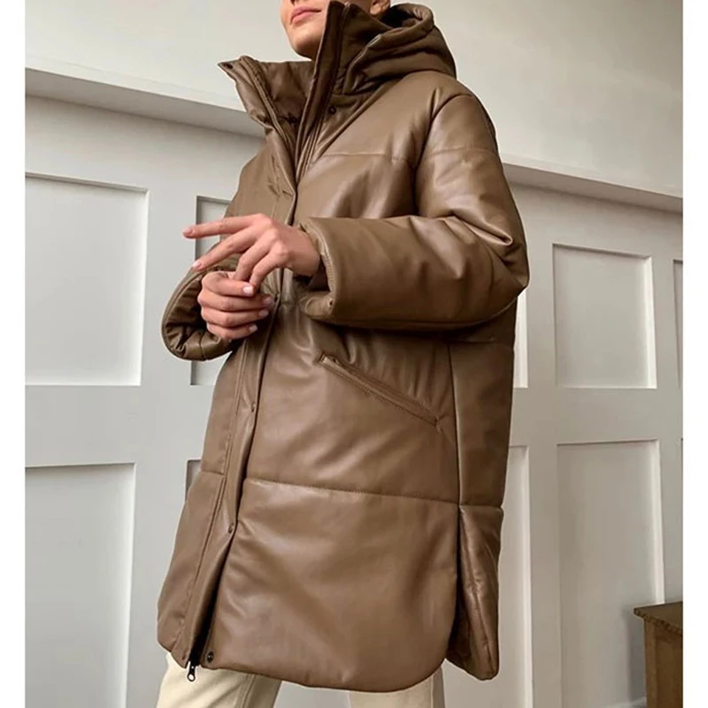 RR – manteaux en Faux cuir PU pour femmes, vestes en coton à capuche marron  élégantes, amples et épaisses, mode automne hiver