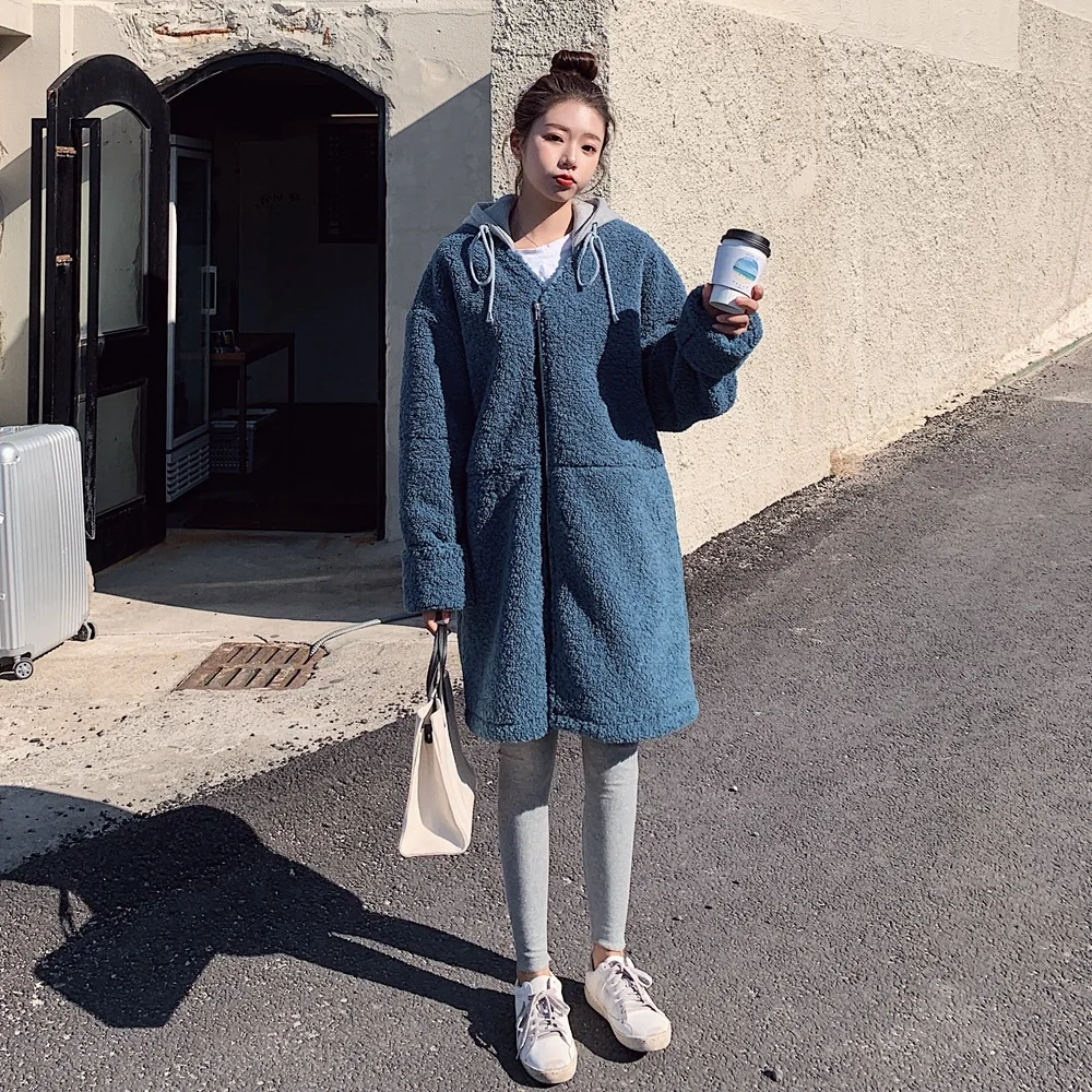 

Photo Shoot Middle Long Coat 2019 Winter New Style Korean-style WOMEN'S Wear Lambs Wool Joint Hoodie Hooded Padded Cotton-padded