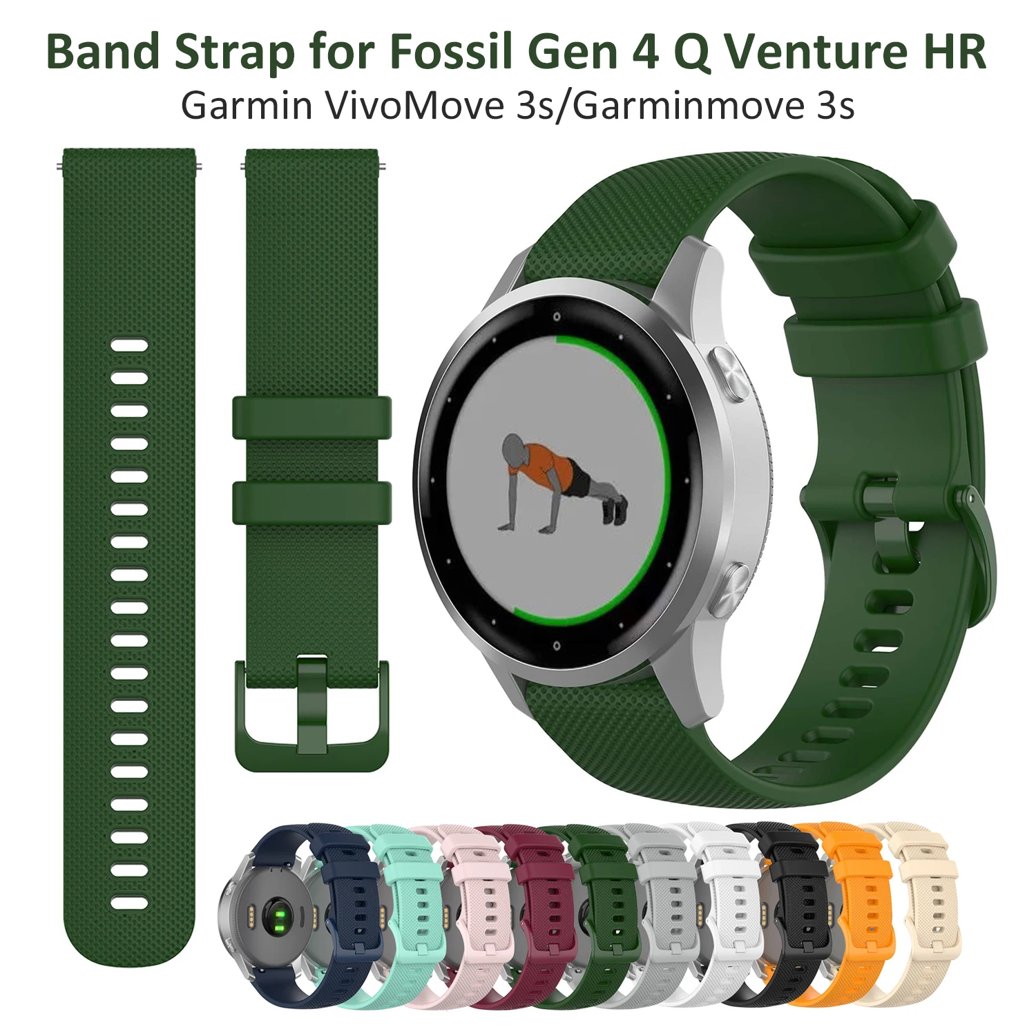 Армейский зеленый ремешок для часов 18 мм Vivoactive женский Fossil Gen 3/4 Q Venture HR & Garmin VivoMove