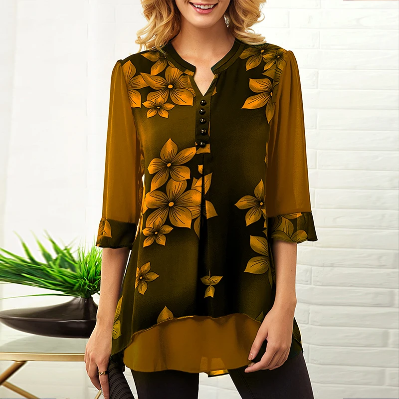5XL Plus Size Womens Tops And Blouses 2020 Elegant Vintage Floral Print Women's Shirt Irregular Half Sleeve Female Chiffon Tunic