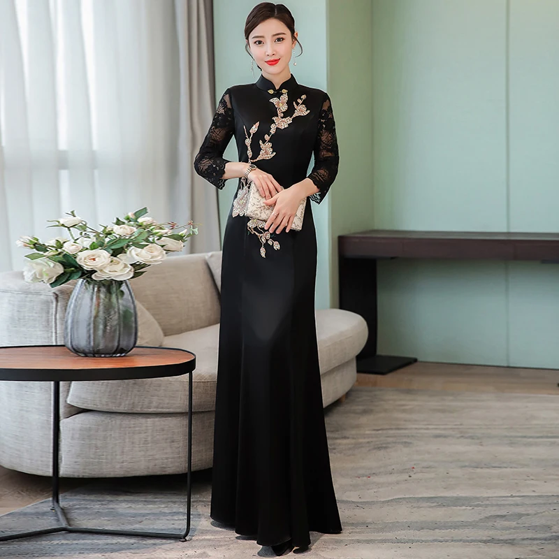 Улучшенное женское длинное платье cheongsam в китайском стиле, Восточное кружевное платье с вышивкой, воротник-стойка, женское платье aodai