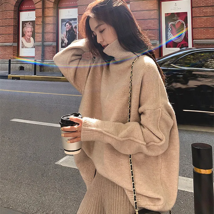 New Autumn Winter Women Loose Knitted Sweater Turtleneck Sweater Long Sleeves  Outwear Solid Pullover