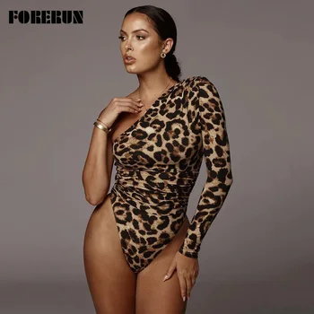 

FORERUN Leopard Bodysuit Long Sleeve One Shoulder Bodysuits Sexy Bodycon Jumpsuit Winter Overalls for Women Autumn Body Mujer