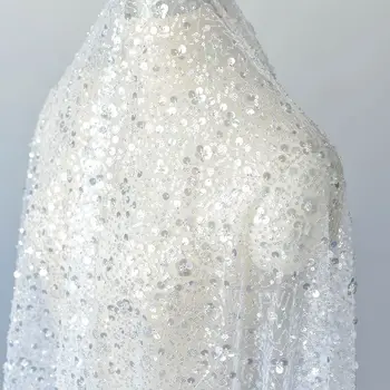 

Silvery sequins net tulle lace fabric with beads luxury beading lace wedding lace fabric 1 yard, 2020 gorgeous gowns lace