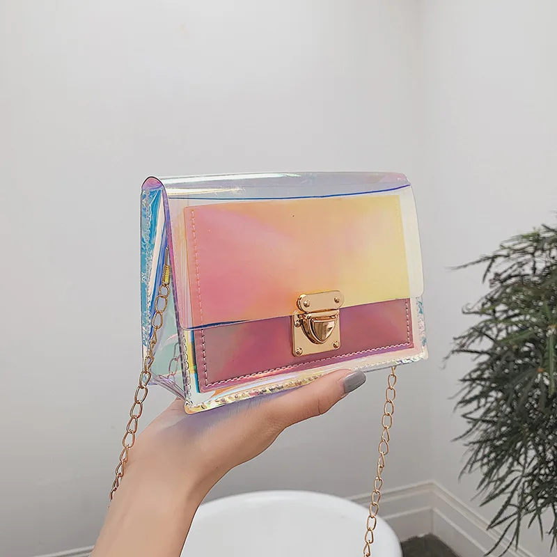 

INS Super Fire Summer Laser Transparent Mortise Lock Square Sling Bag Women's 2019 New Style Korean-style Chain Crossbody Bag