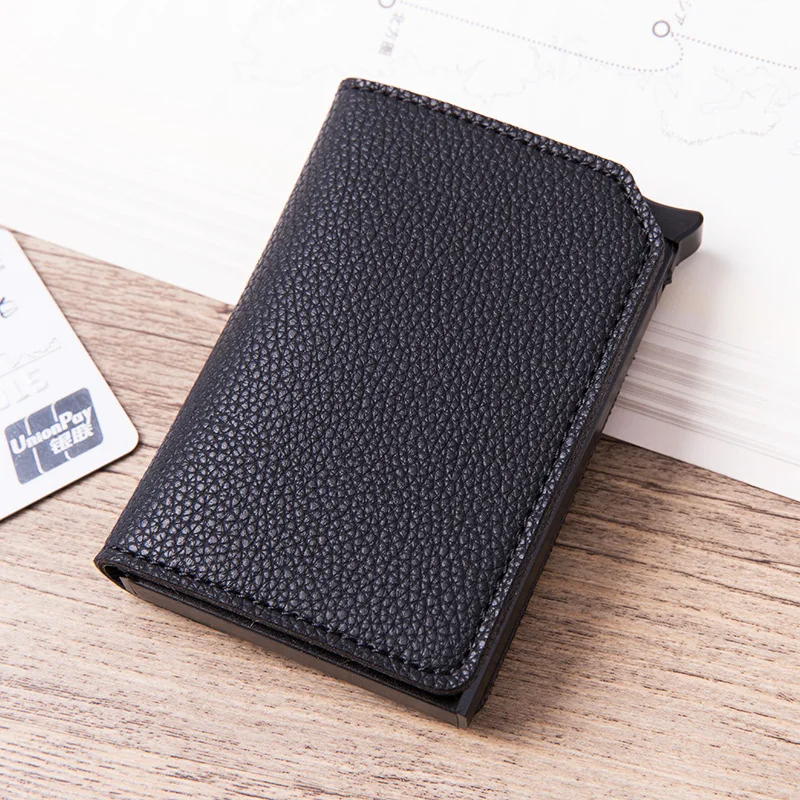 Новая кнопка RFID двойная защита мужской кредитный держатель для карт из искусственной кожи кошелек металлический алюминиевый Повседневный автобусный держатель для карт