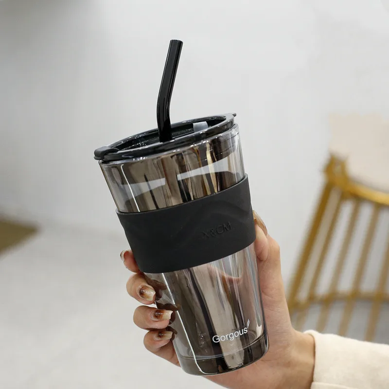 Glass Cup Ins Elegant Large Capacity Coffee With Straw Men's Women's Breakfast Cups Heat-Resistant Explosion-Proof Water | Дом и сад