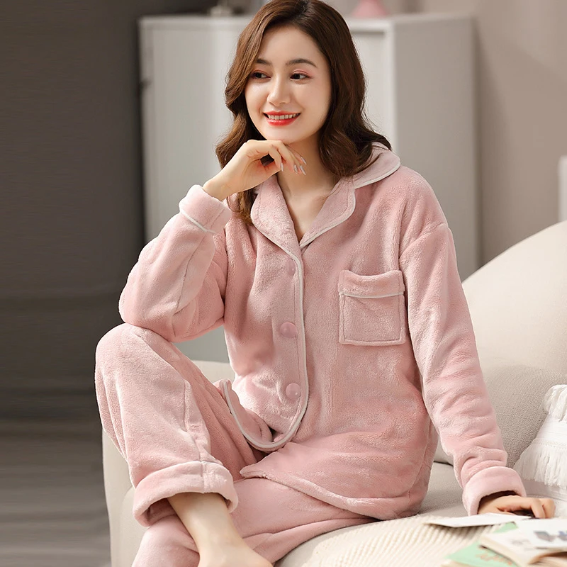 

Winter Pajamas Women Coral Fleece Solid Thick Sleepwear 2 Pieces Warm Pyjamas Set for Ladies Lounge Bedroom Home Clothes Bedgown