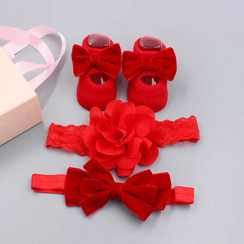 3 unids/set diadema bebé niña calcetines encaje conjunto de lazos con flor bebé recién nacido para el pelo diademas para chicas turbante bebé regalos accesorios para el cabello
