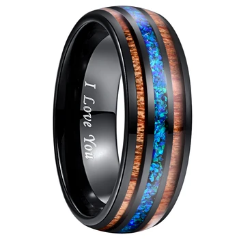 

8mm Luxury Black Tungsten Carbide Ring Blue Opal Inlay Wood Men Women Wedding Engagement Ring Bague Homme