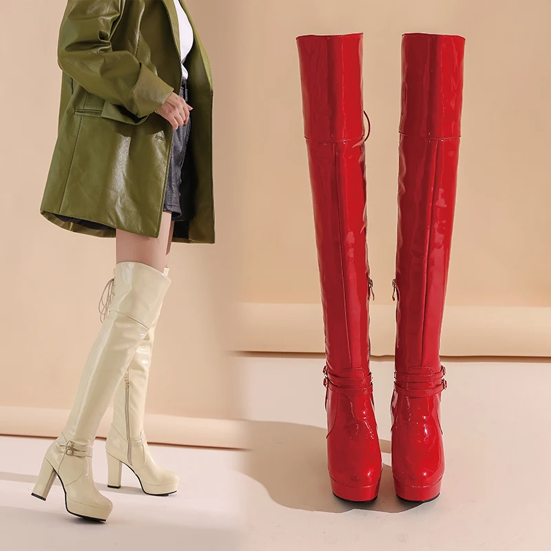 

2020 autumn and winter over the knee boots motorcycle boots fashion boots patent leather boots women