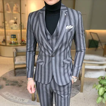 

2020 Men Autumn New Style Vertical Striped Suit- Style Wedding Suit YOUTH Business Leisure Suit Three Pieces